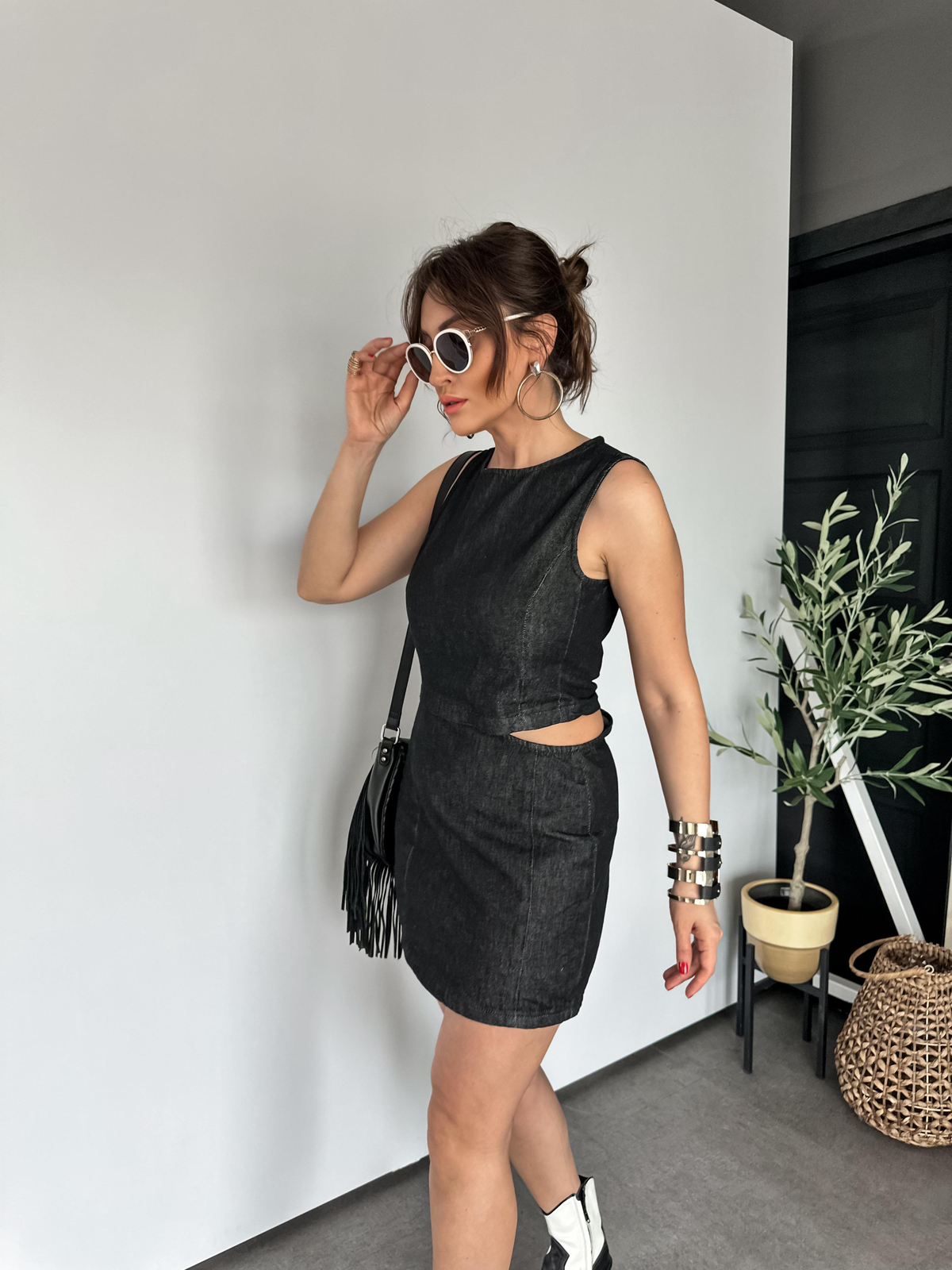 Antrasit Pencere Detaylı Kot Elbise