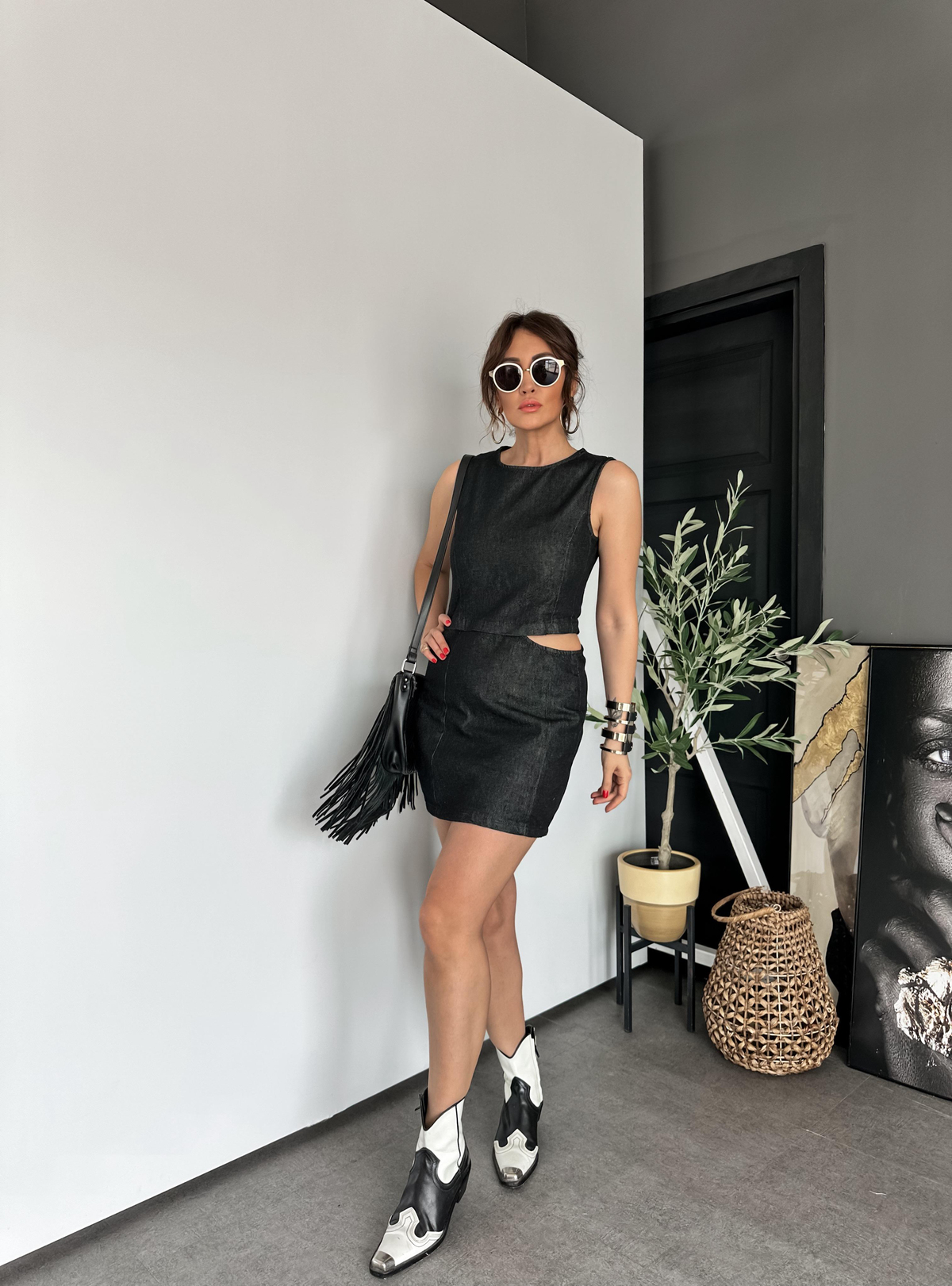 Antrasit Pencere Detaylı Kot Elbise