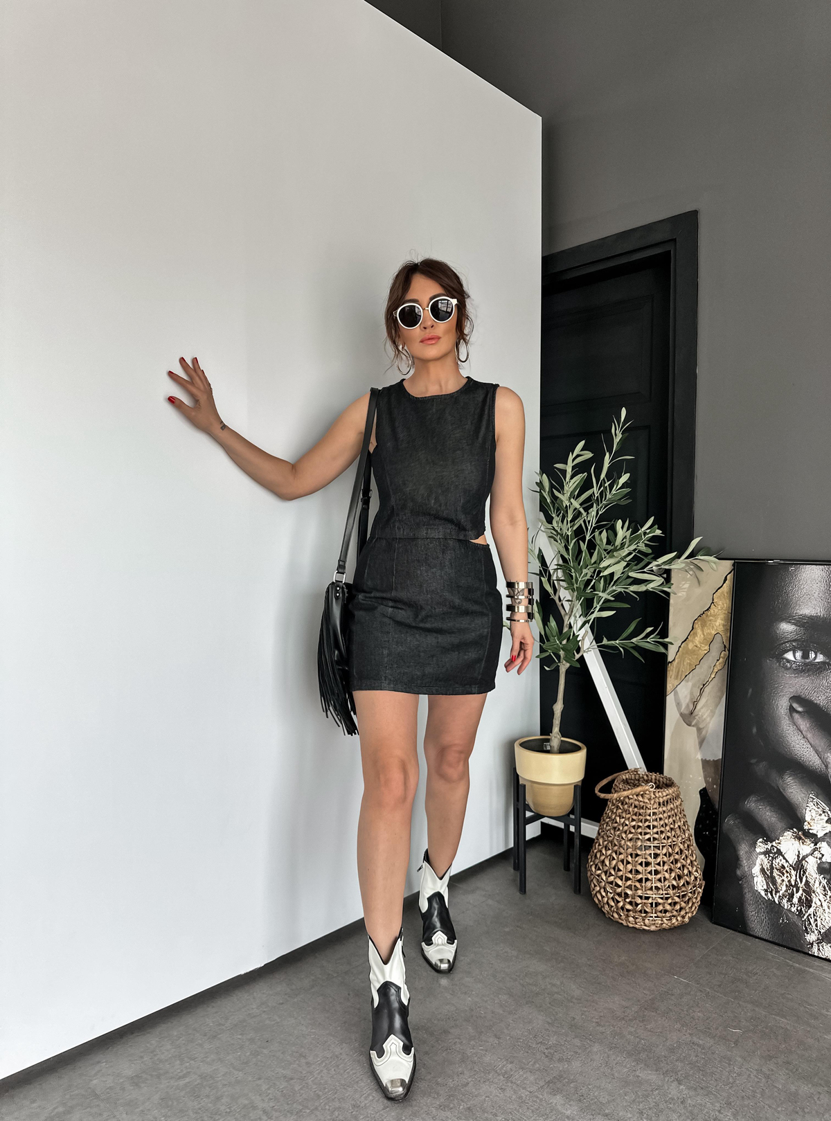 Antrasit Pencere Detaylı Kot Elbise