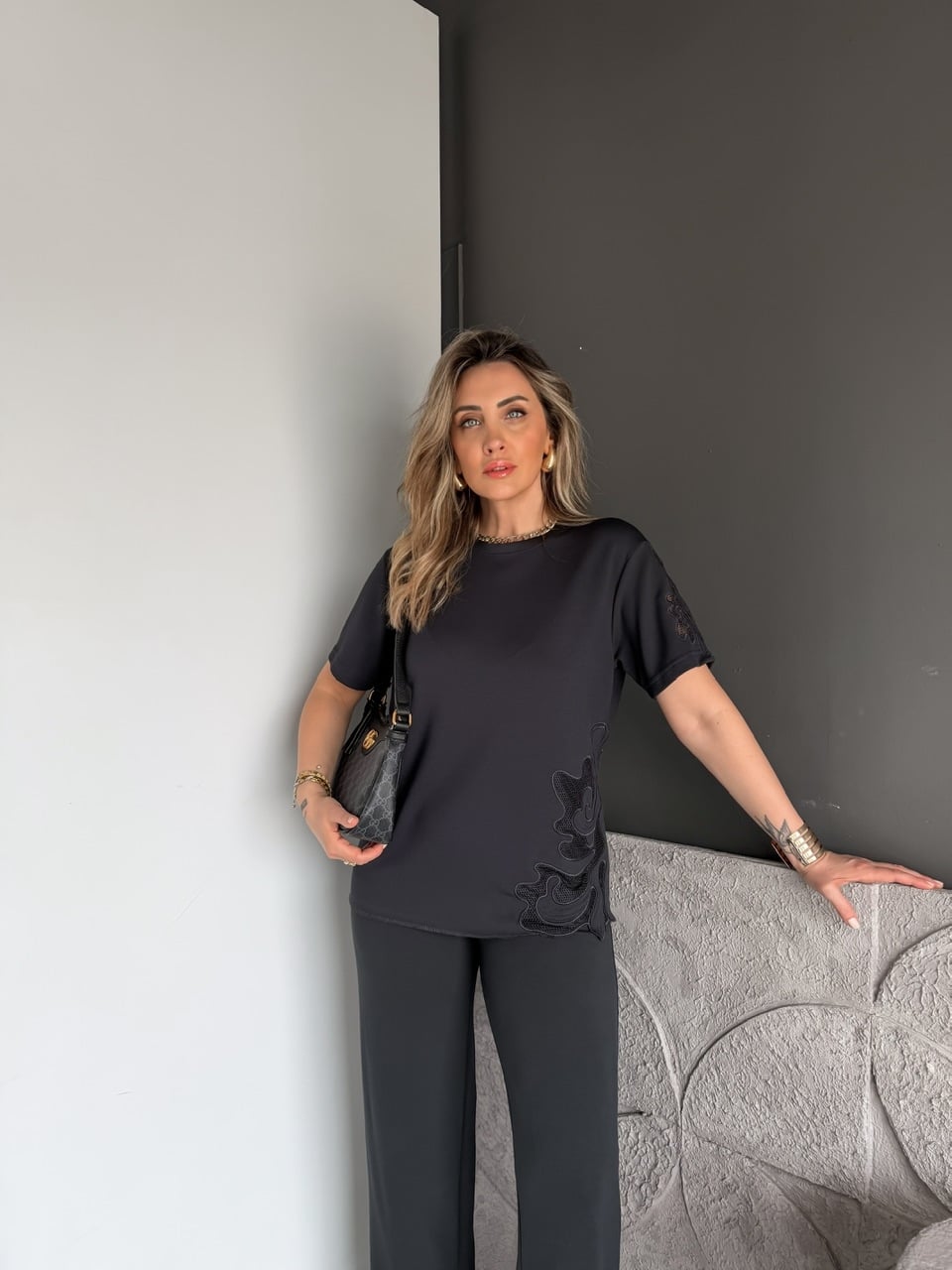 Antrasit Tek Yanı Nakışlı Modal Takım
