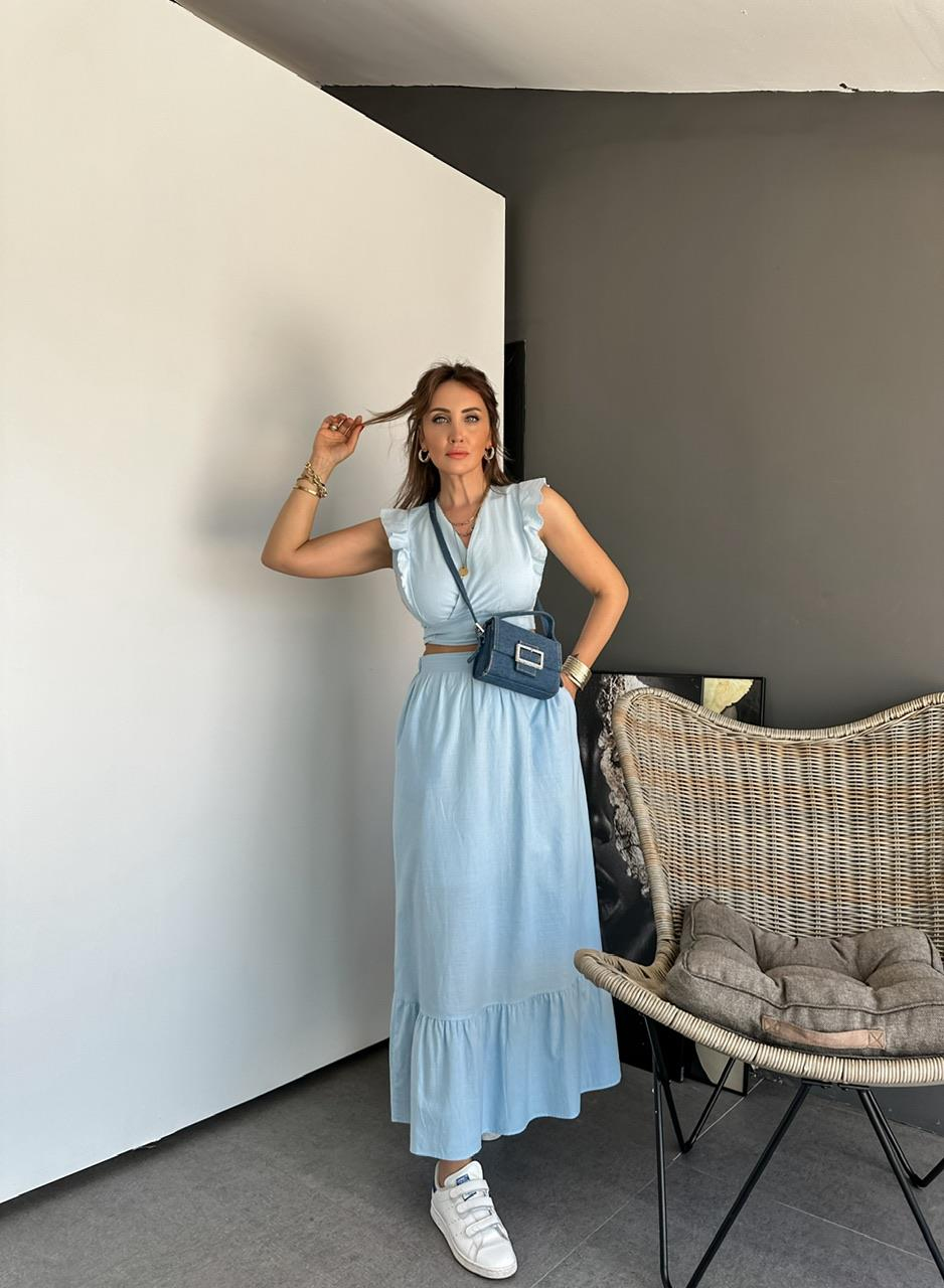 Bebe Mavisi Etek Bluz Keten Takım