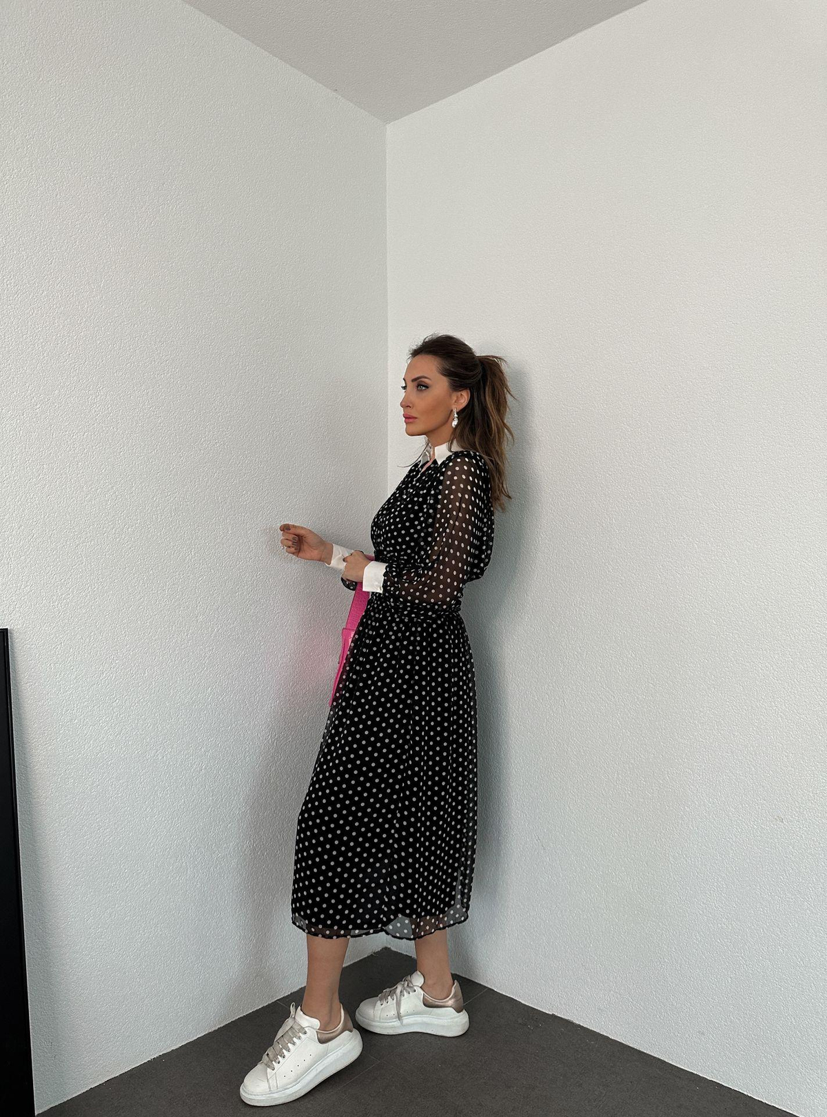 Bebe Yaka Puantiyeli Şifon Elbise