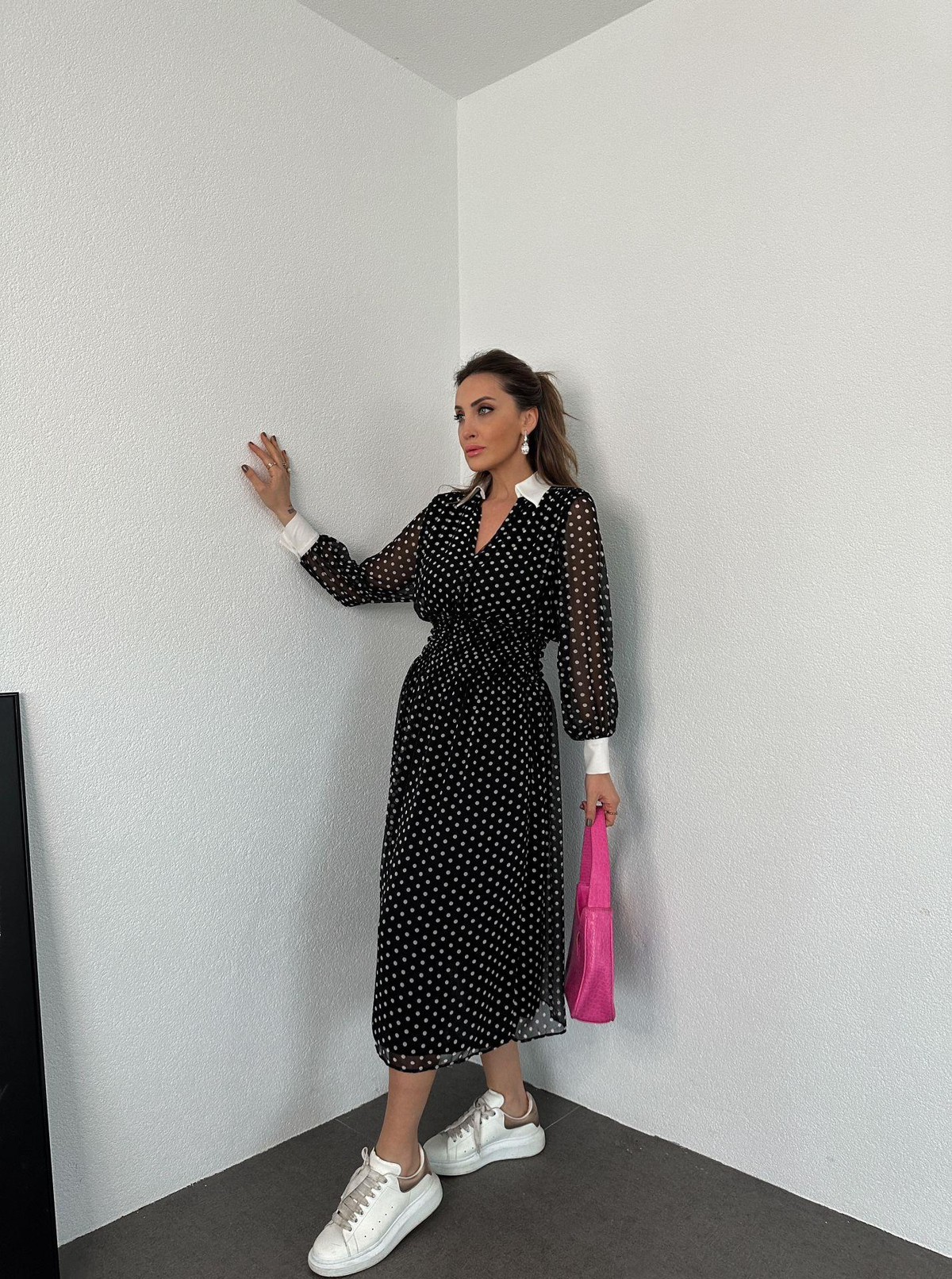 Bebe Yaka Puantiyeli Şifon Elbise