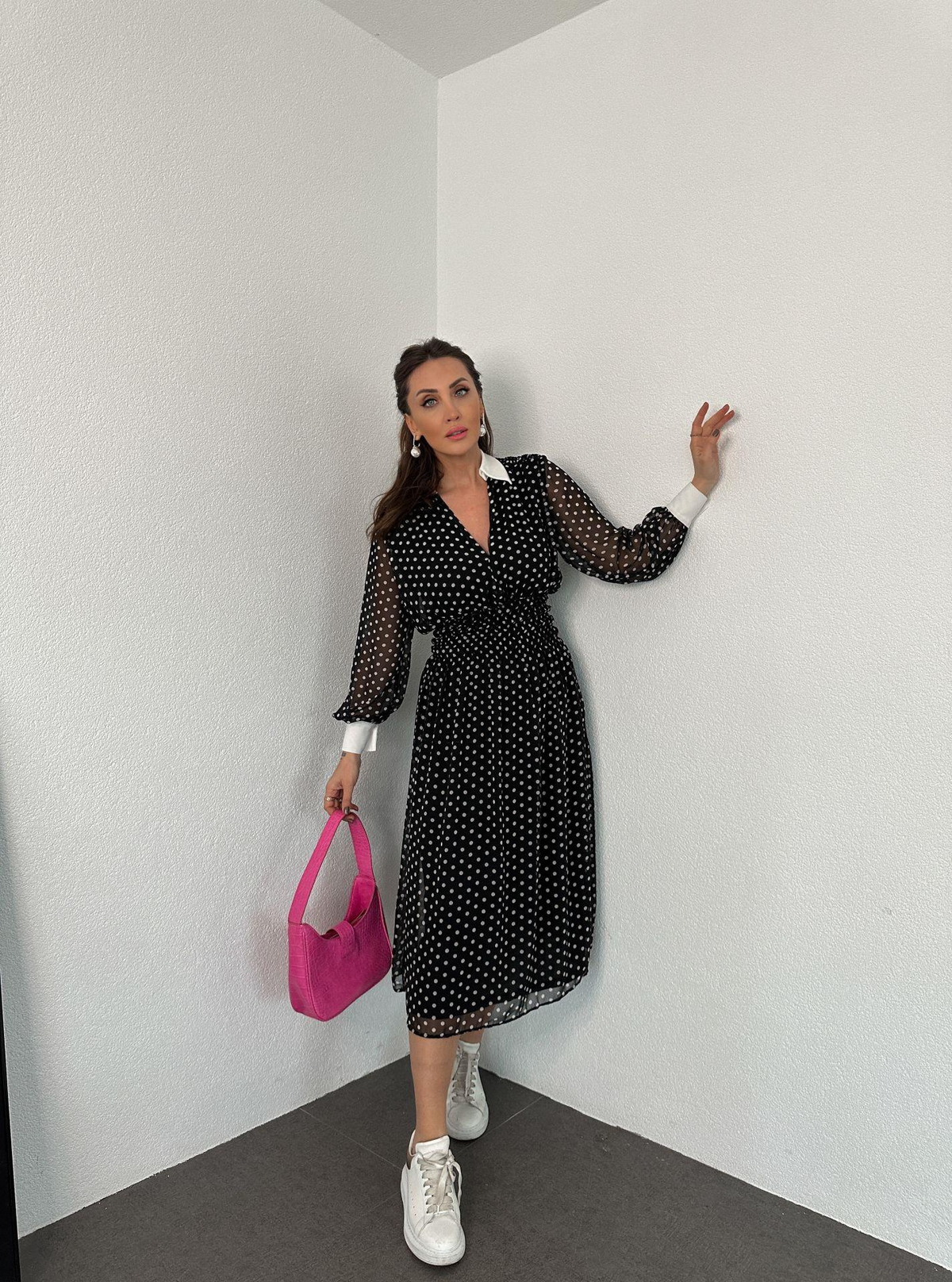 Bebe Yaka Puantiyeli Şifon Elbise