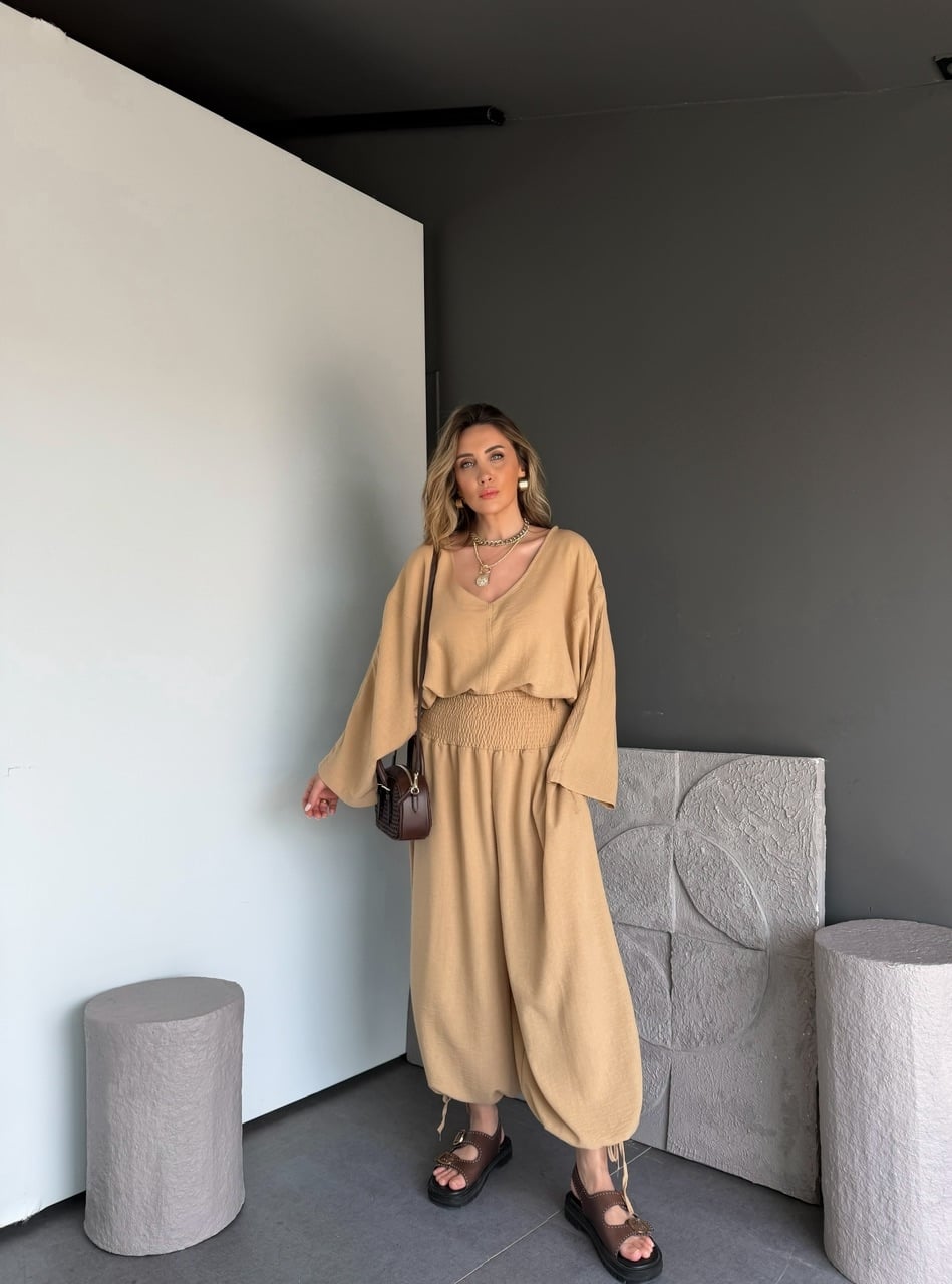 Bej Tasarım Şalvarlı Keten Takım