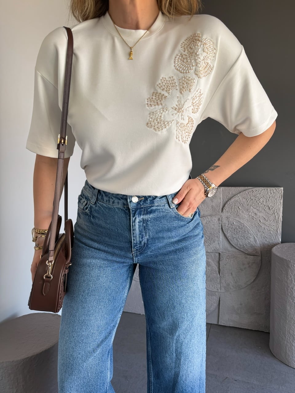 Beyaz Boru Boncuklu Marka Model Tshirt