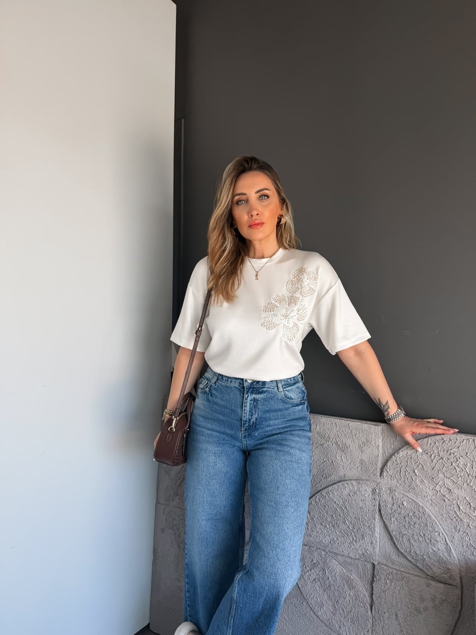 Beyaz Boru Boncuklu Marka Model Tshirt