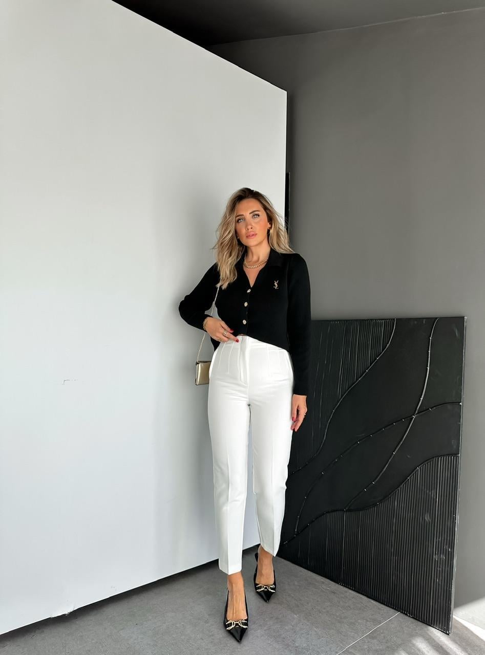 Beyaz Fileto Detaylı Kumaş Pantolon