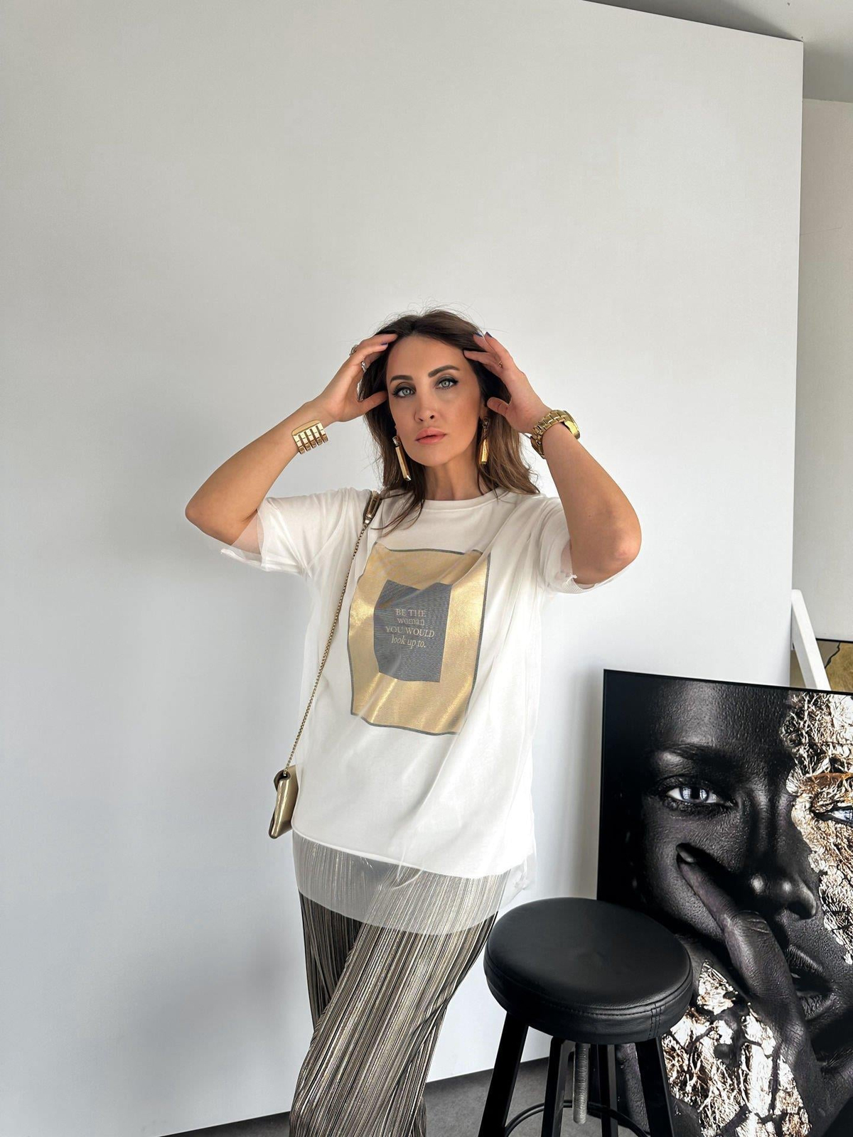 Beyaz Gold Baskılı Tüllü Tshirt