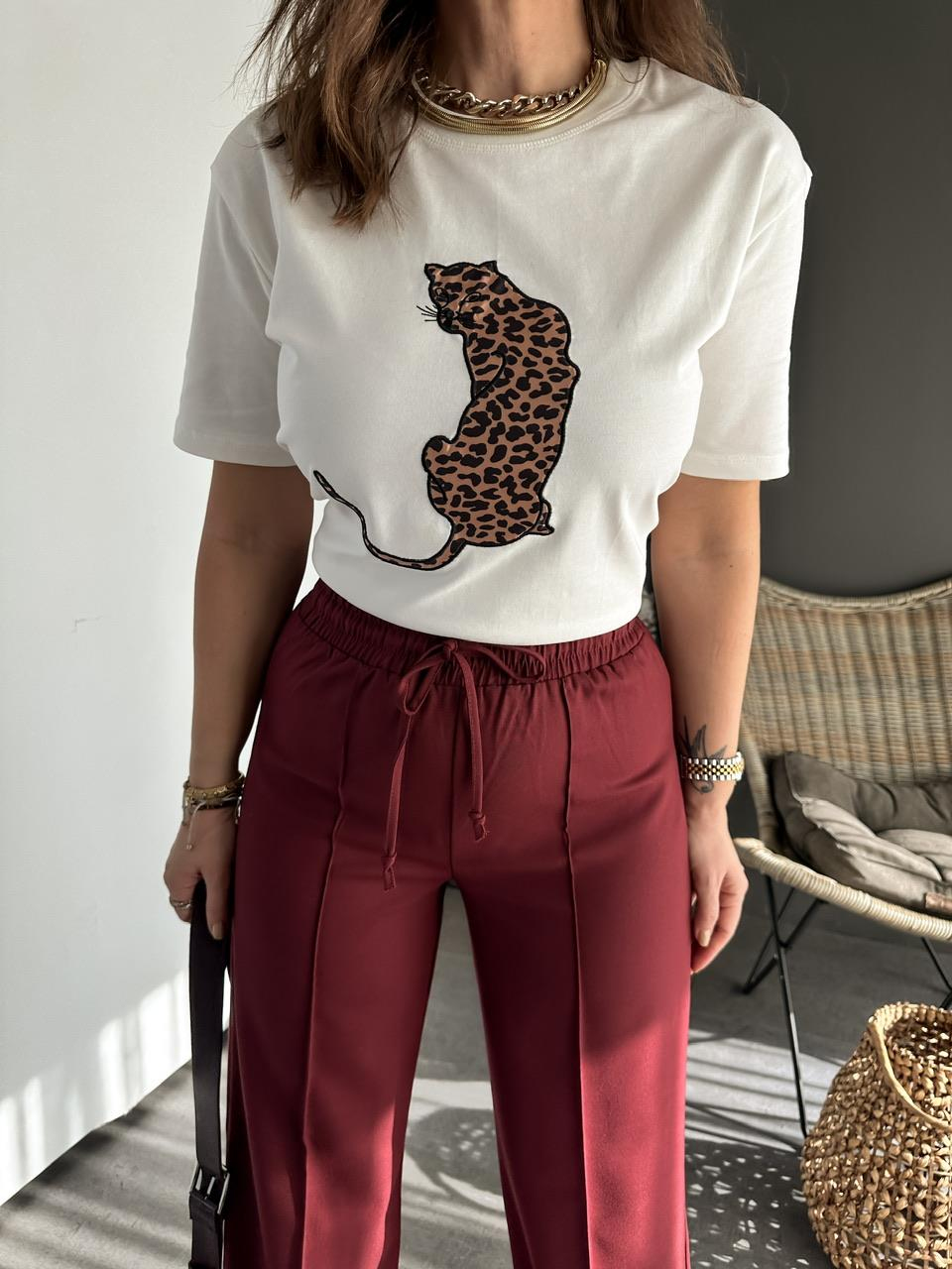 Beyaz Leopar Figürlü Cotton Tshirt