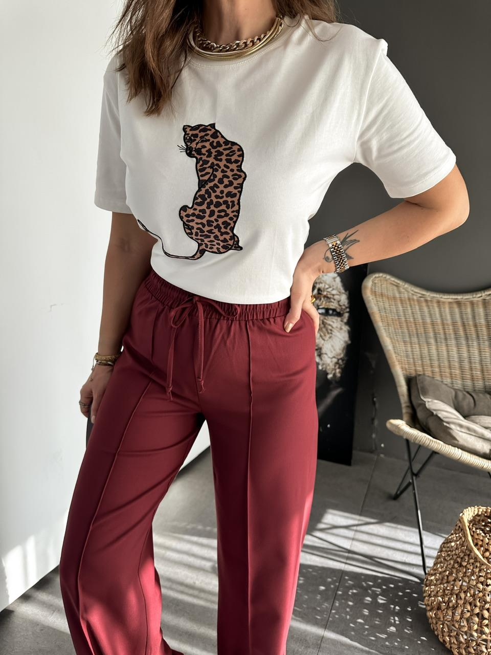 Beyaz Leopar Figürlü Cotton Tshirt