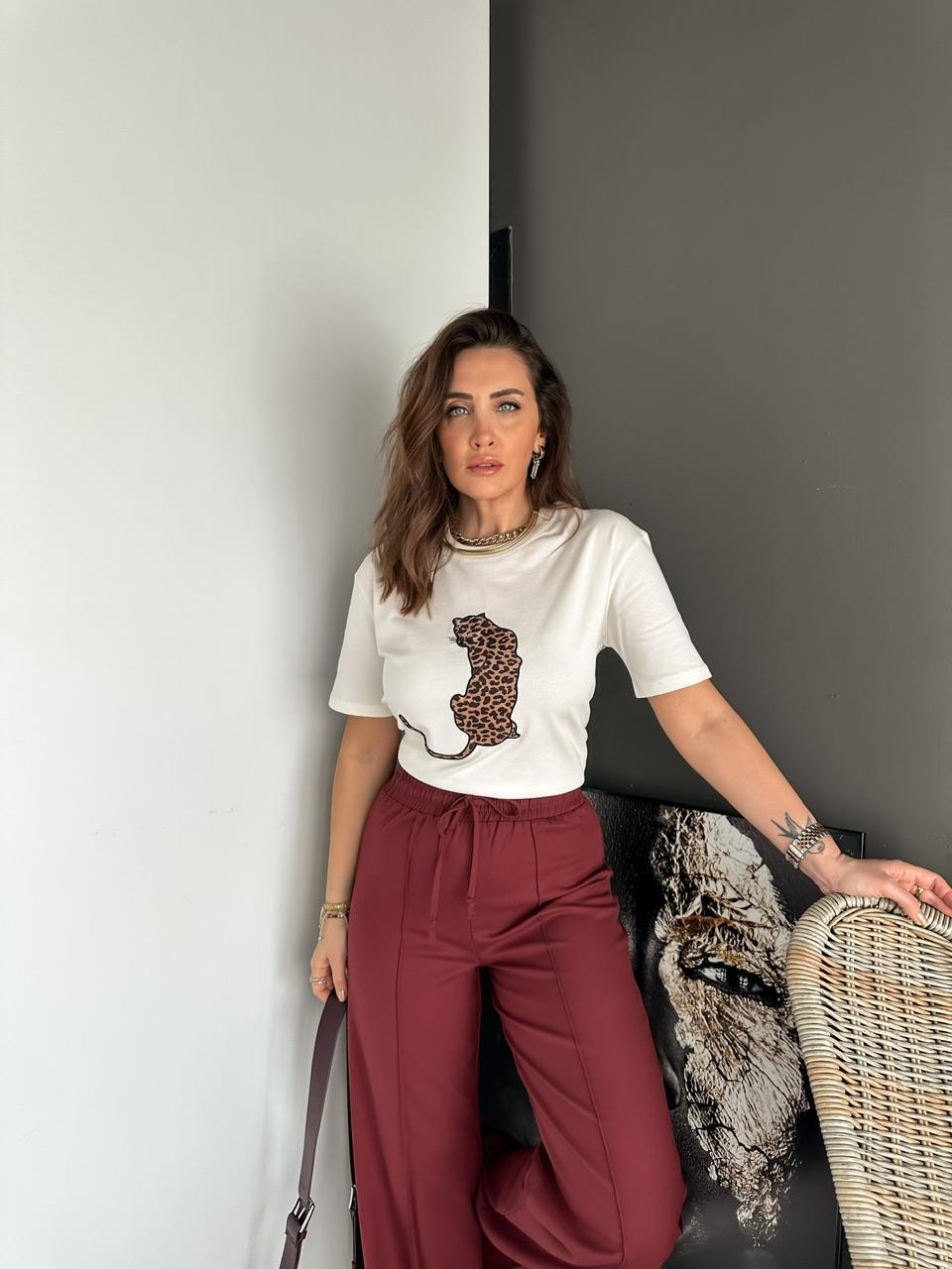 Beyaz Leopar Figürlü Cotton Tshirt
