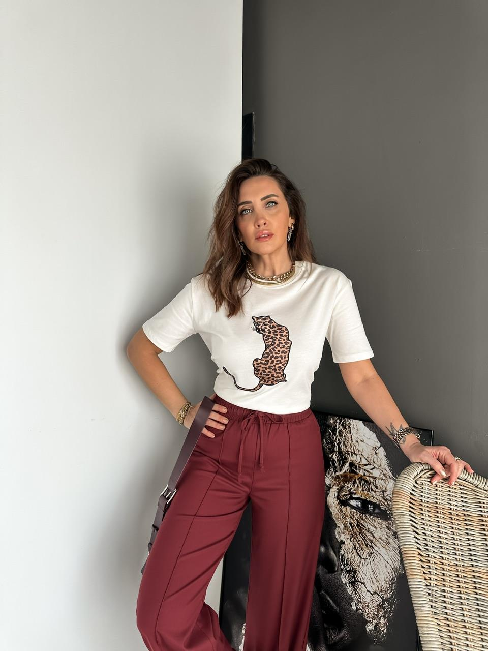 Beyaz Leopar Figürlü Cotton Tshirt