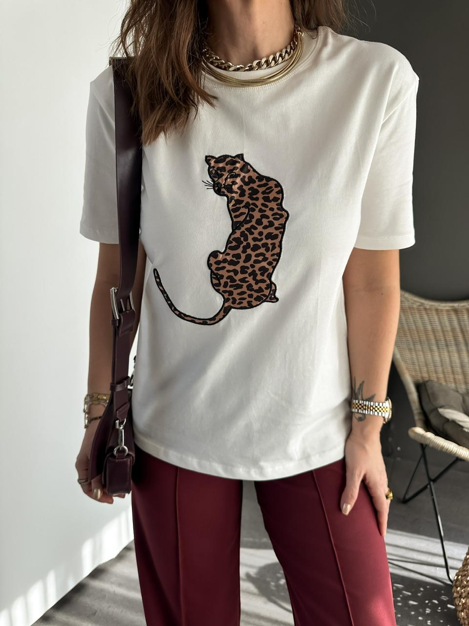 Beyaz Leopar Figürlü Cotton Tshirt
