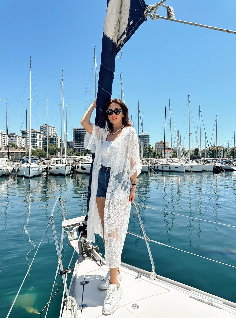 Beyaz Nakışlı Tül Kimono 