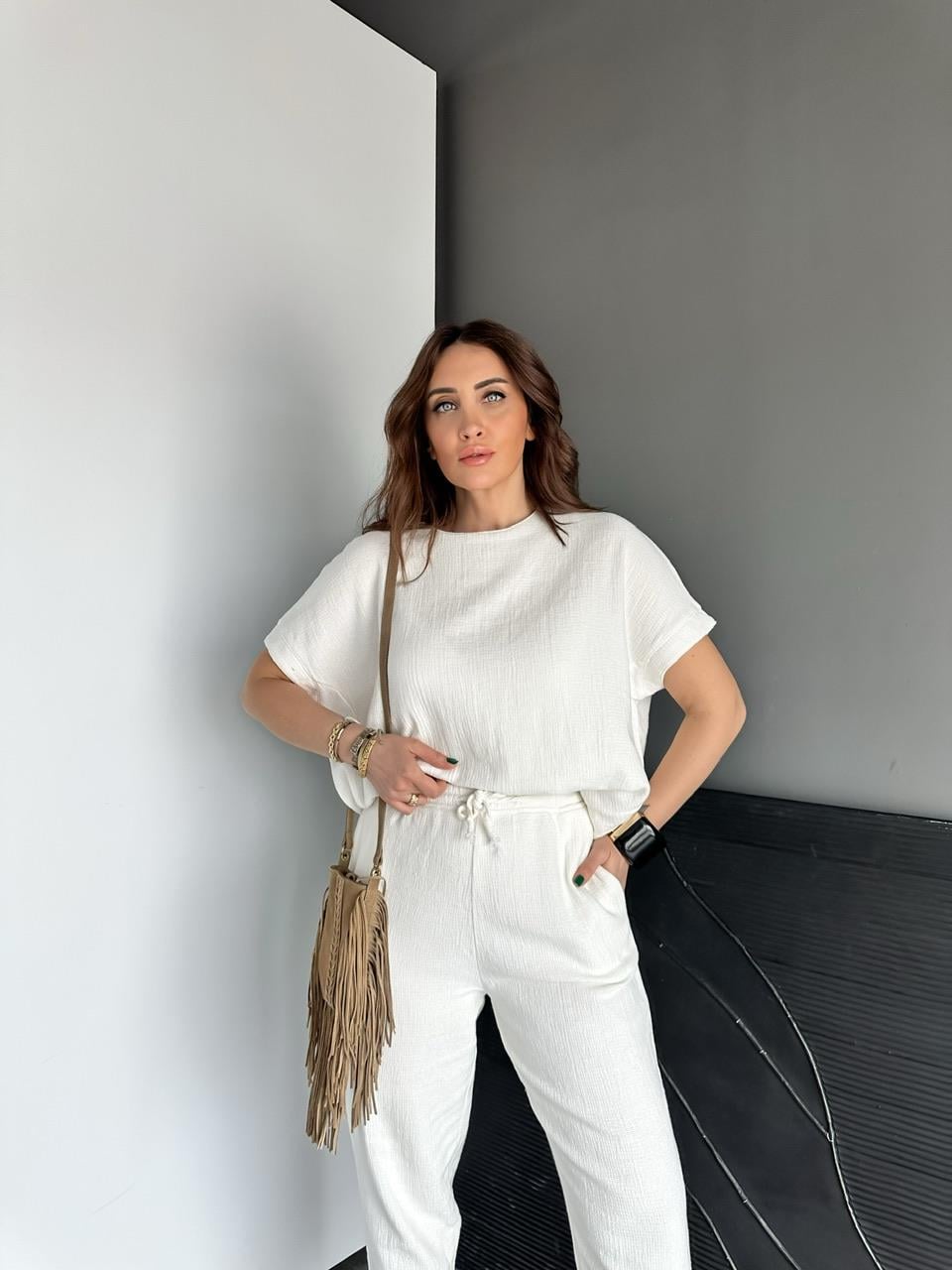 Beyaz Yarasa Kollu Naturel Takım