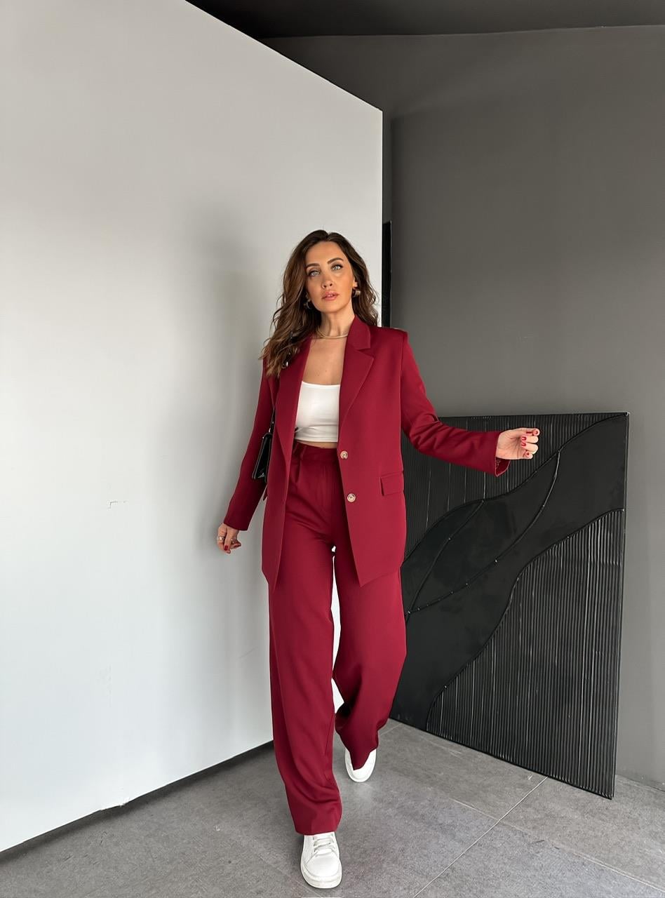 Bordo Asimetrik Düğmeli Şık Takım