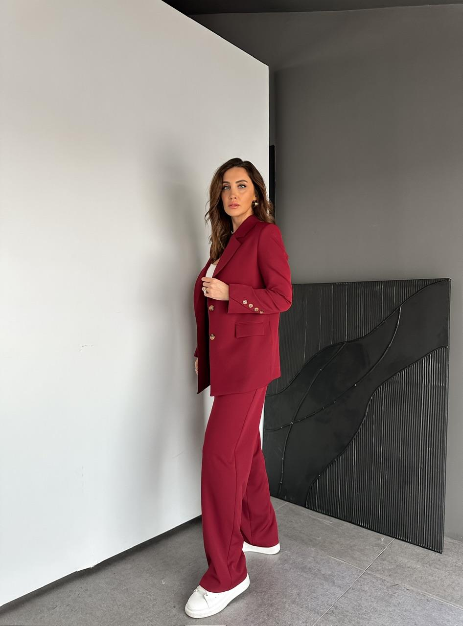 Bordo Asimetrik Düğmeli Şık Takım