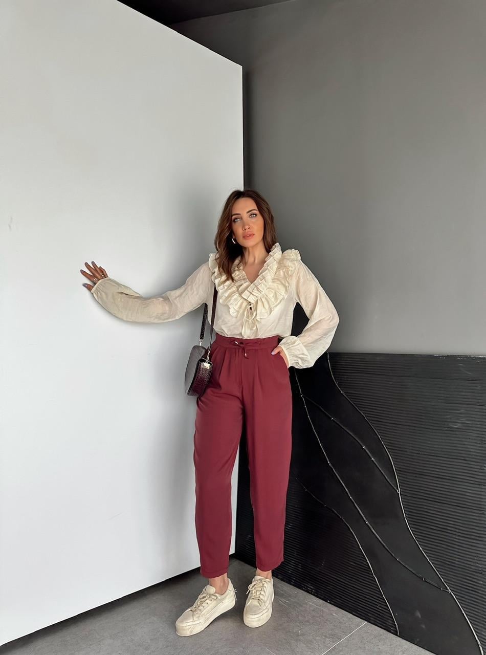 Bordo Beli Lastikli Basic Bol Pantolon