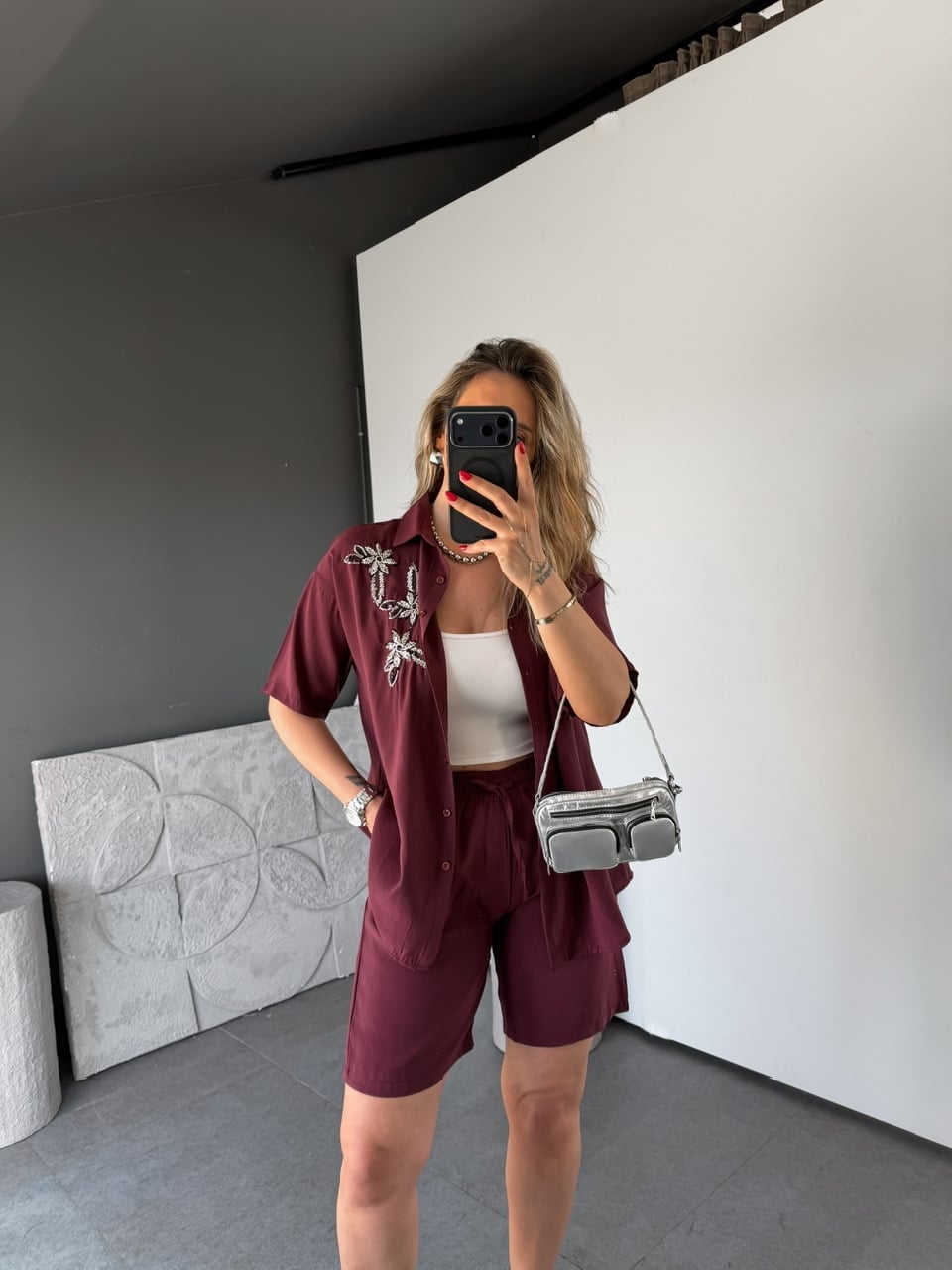 Bordo Çiçek Nakışlı Şortlu Takım