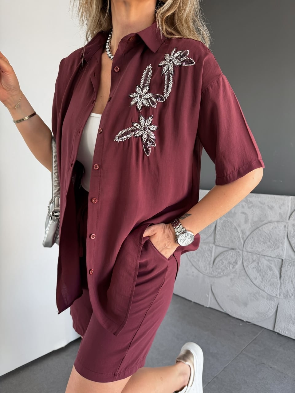Bordo Çiçek Nakışlı Şortlu Takım