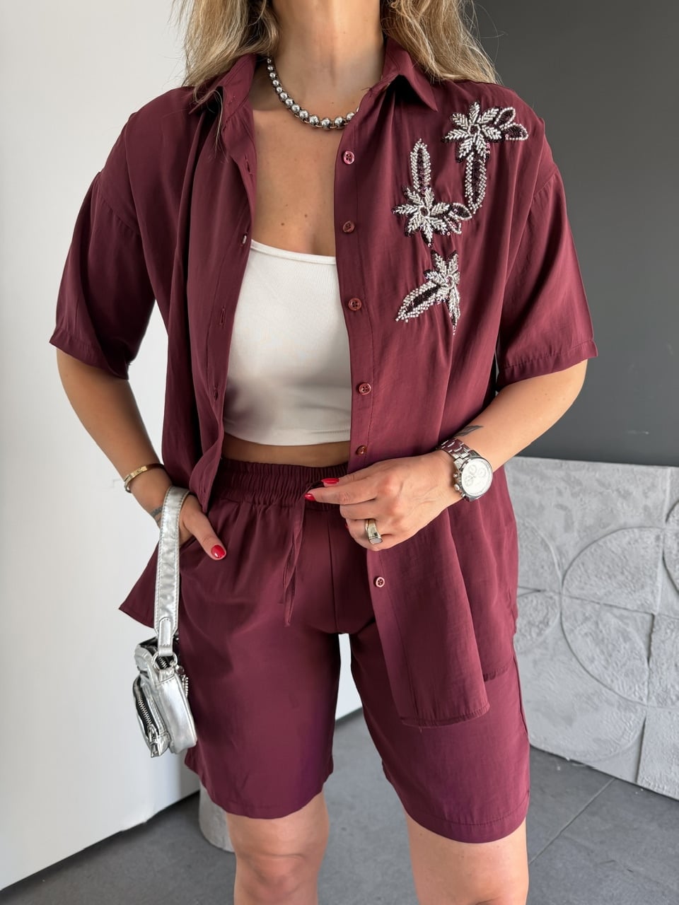 Bordo Çiçek Nakışlı Şortlu Takım