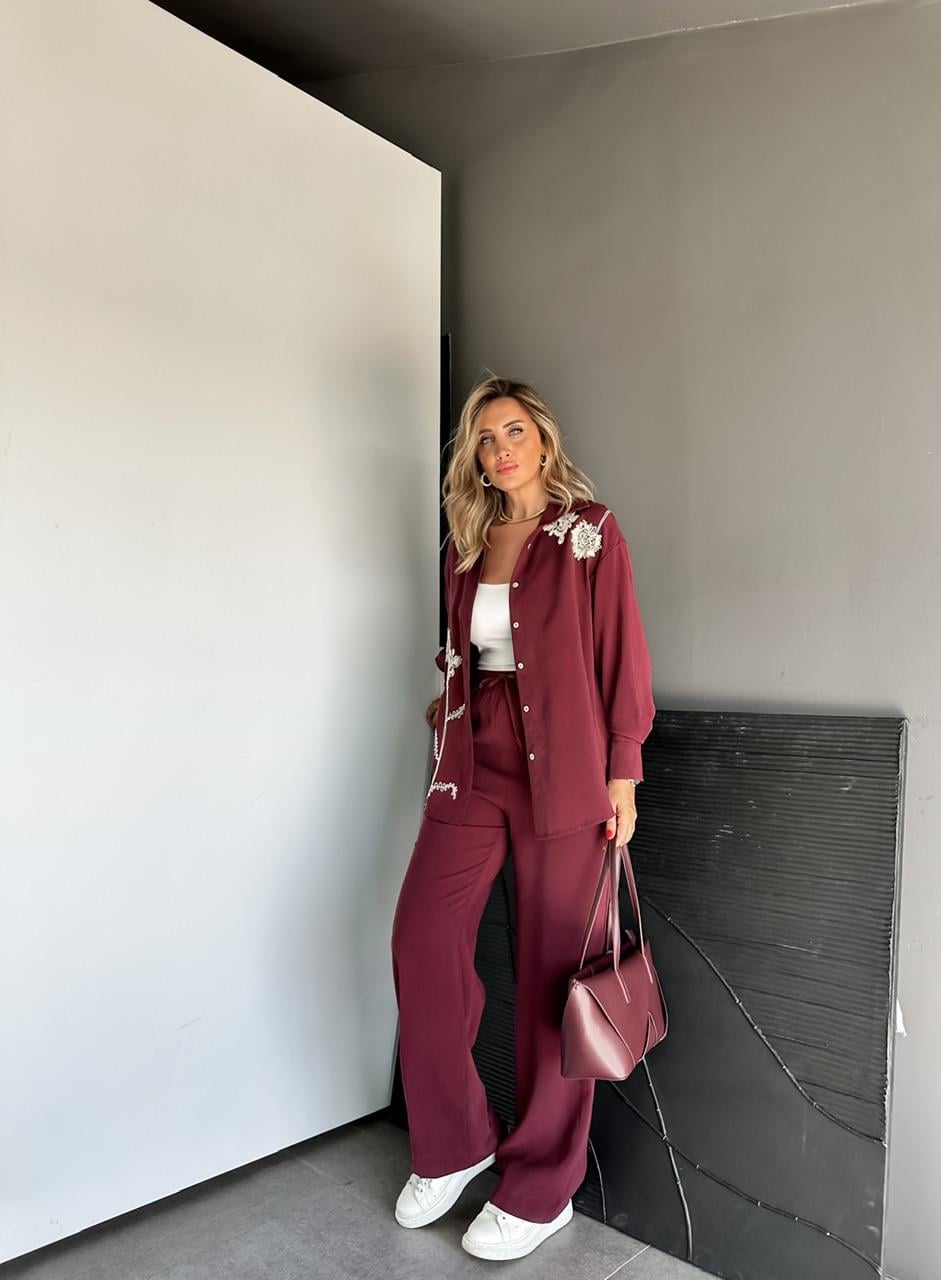 Bordo Çiçek Nakışlı Takım
