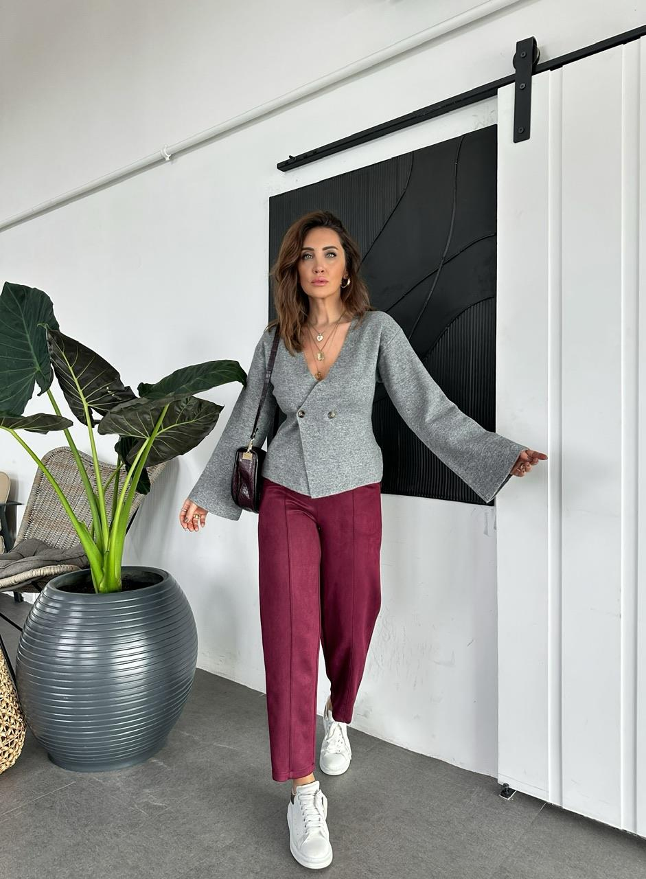 Bordo Çımalı Süet Pantolon
