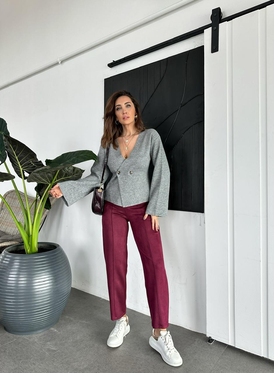 Bordo Çımalı Süet Pantolon
