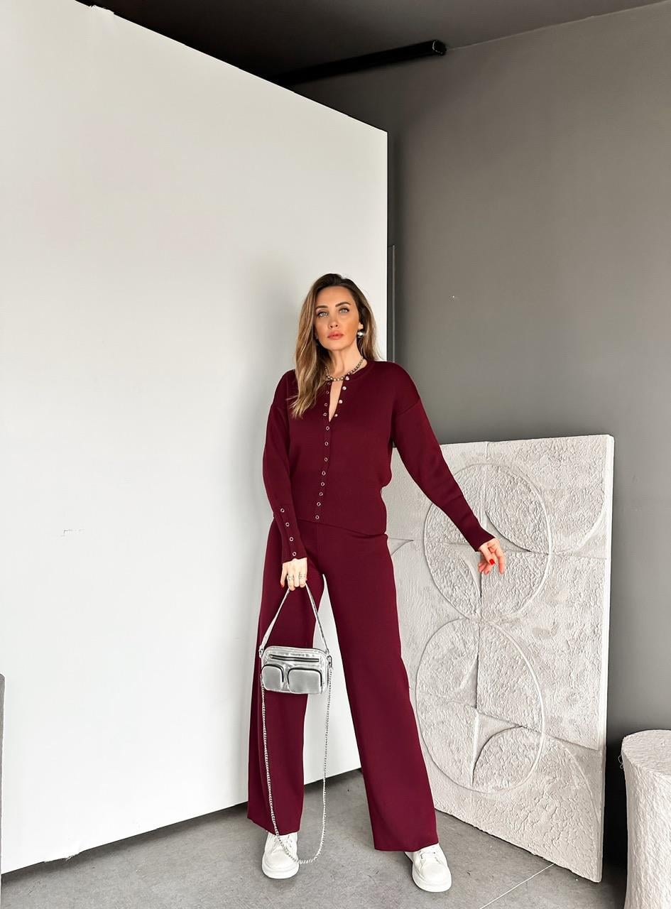 Bordo Çıtçıtlı Detaylı Triko Takım
