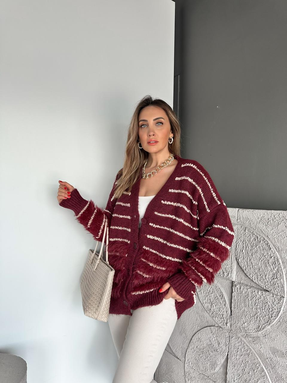 Bordo Çizgili Kürklü Hırka