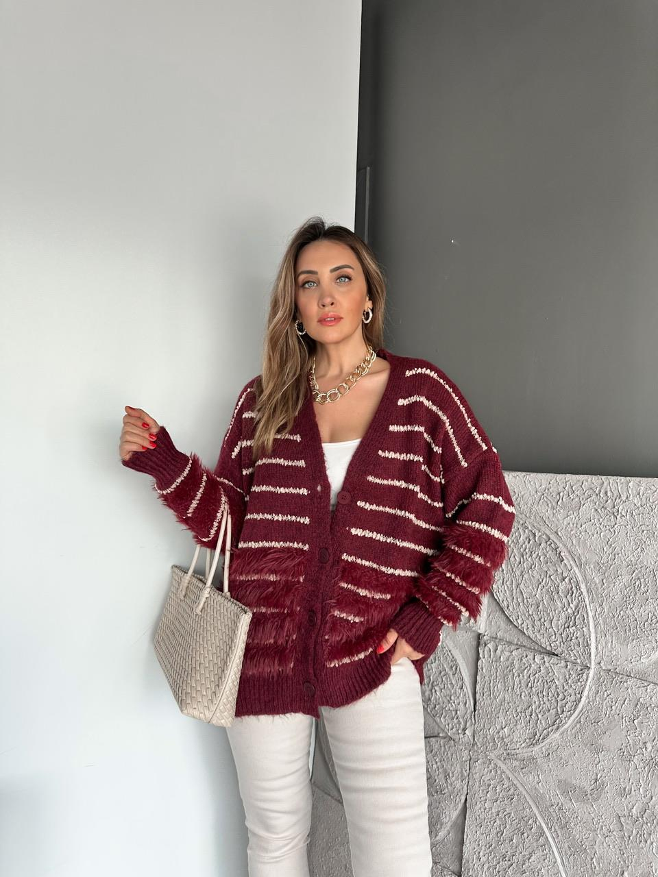 Bordo Çizgili Kürklü Hırka