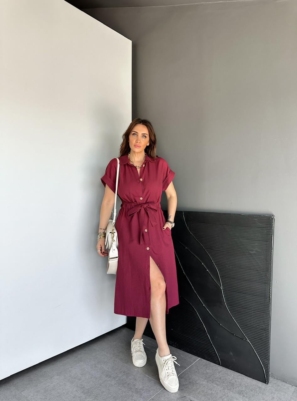 Bordo Düğmeli Beli Lastikli Keten Elbise