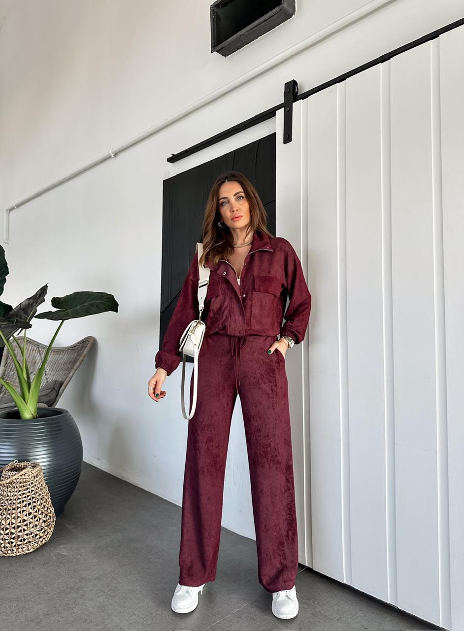 Bordo Fermuarlı Ceketli Batik Takım