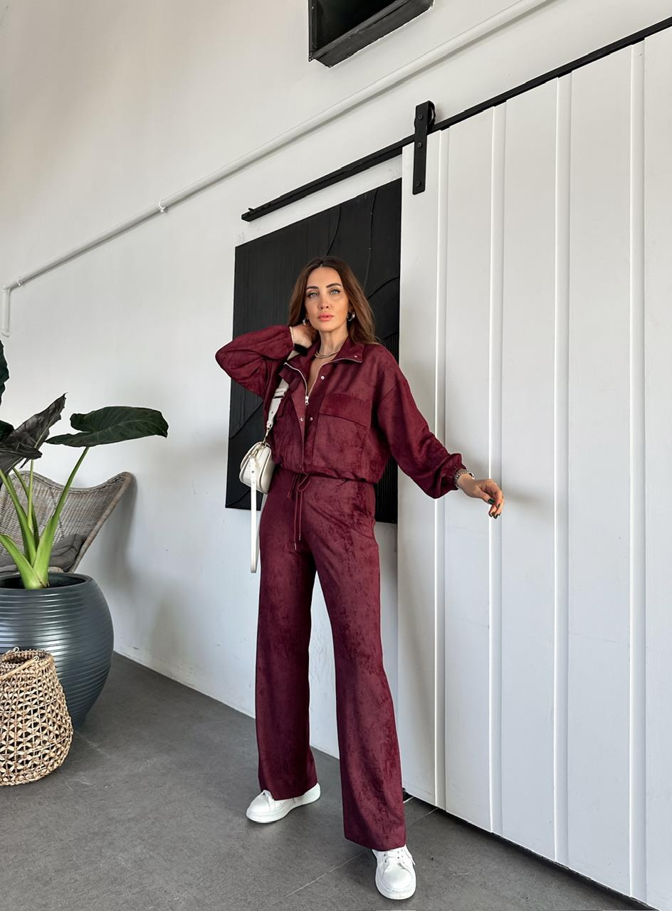 Bordo Fermuarlı Ceketli Batik Takım