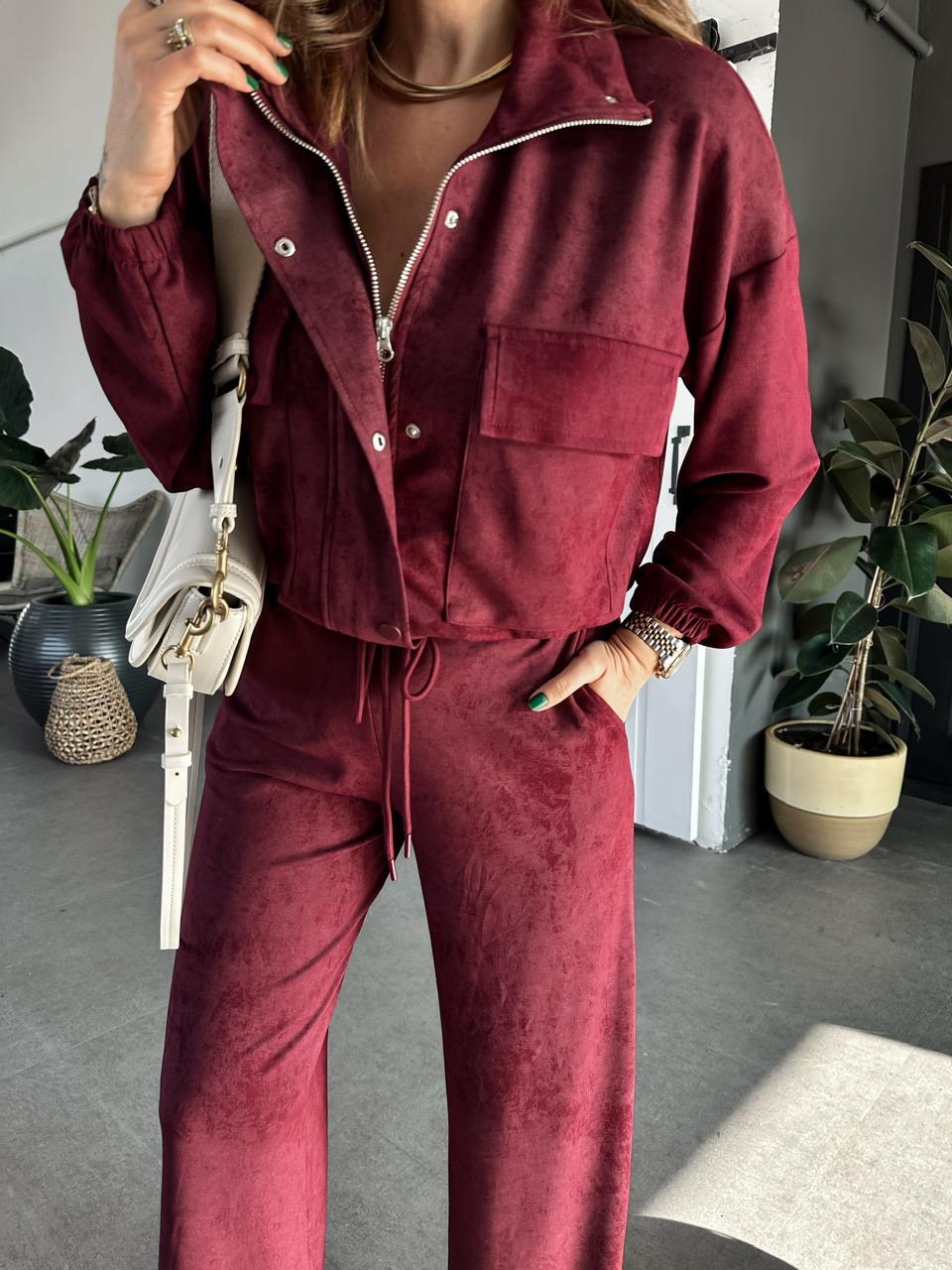 Bordo Fermuarlı Ceketli Batik Takım