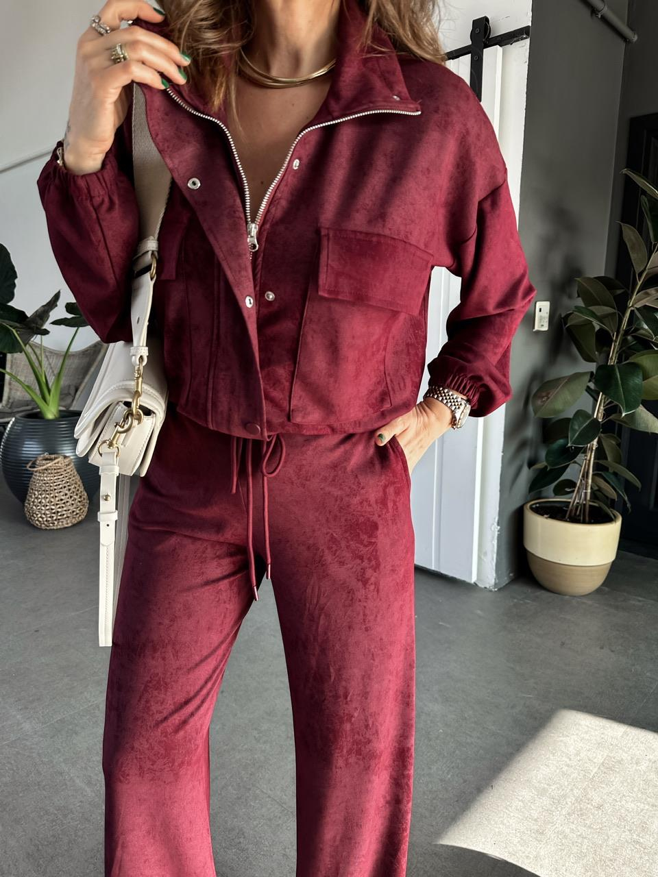 Bordo Fermuarlı Ceketli Batik Takım
