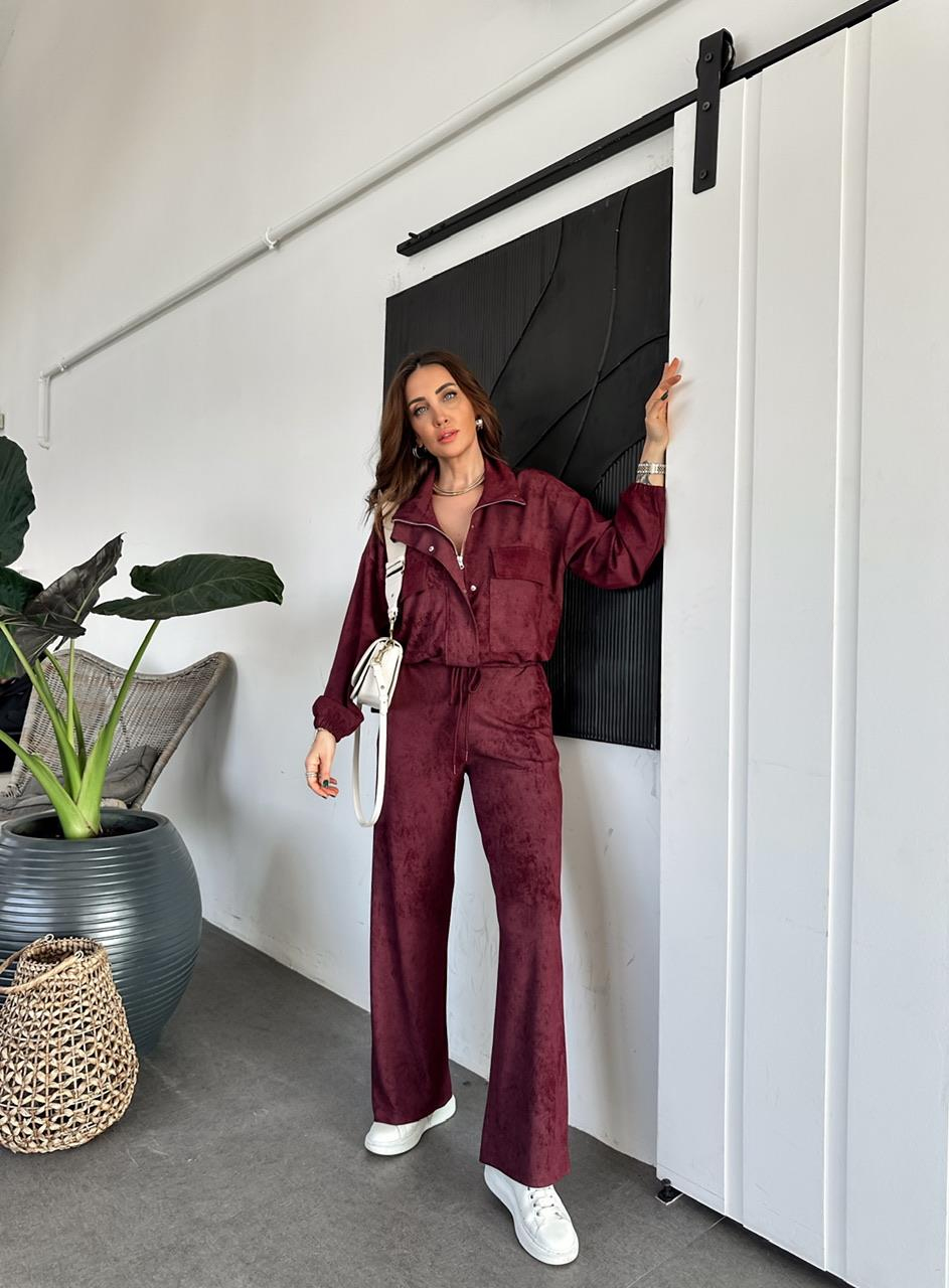 Bordo Fermuarlı Ceketli Batik Takım