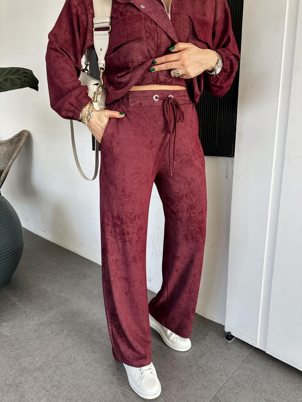 Bordo Fermuarlı Ceketli Batik Takım