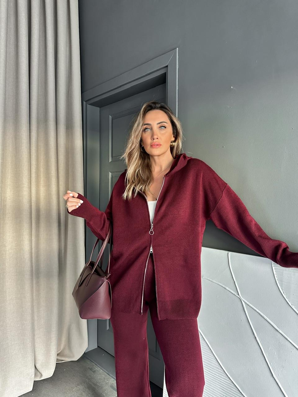 Bordo Fermuarlı Kapşonlu Triko Takım