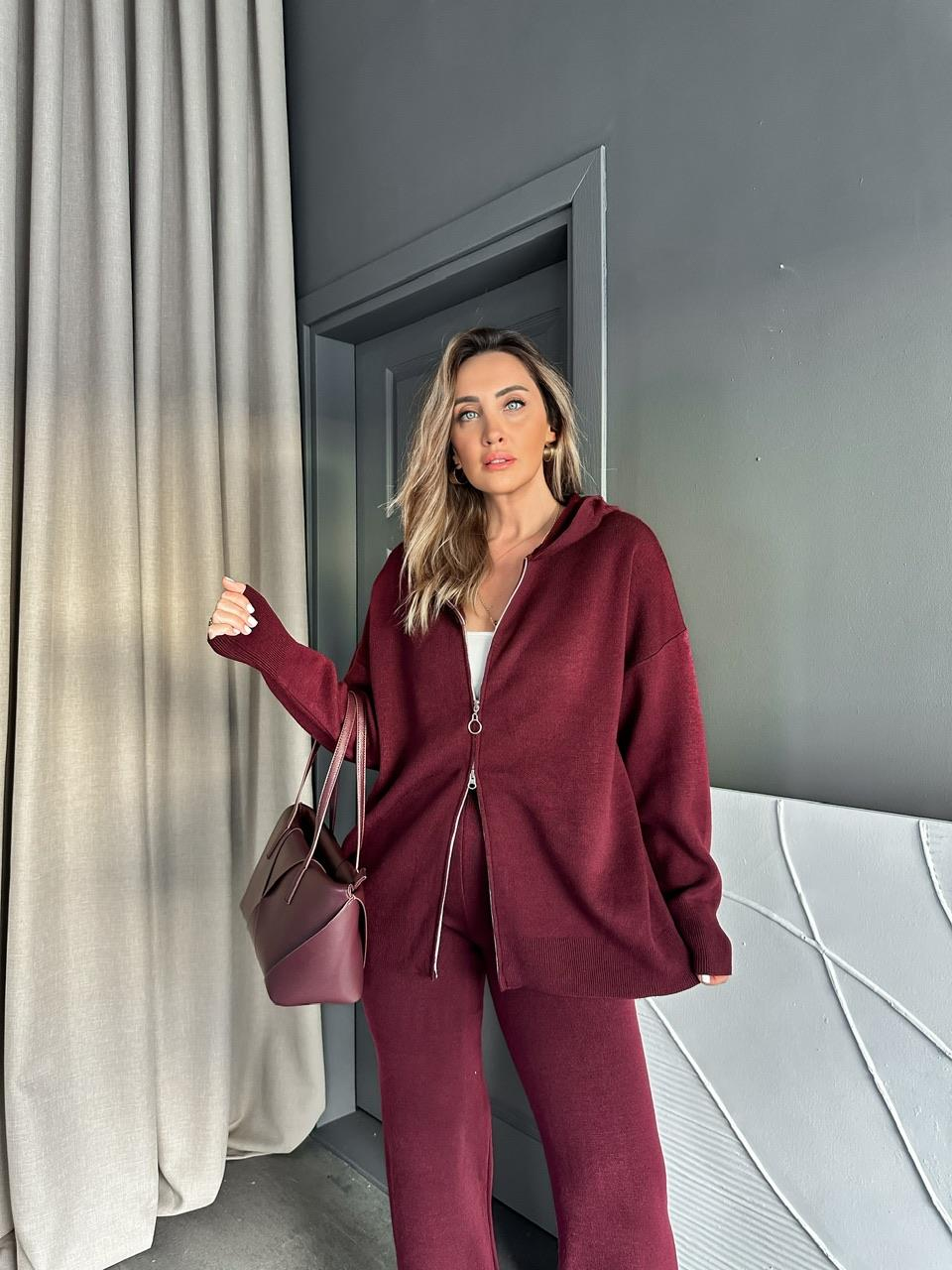 Bordo Fermuarlı Kapşonlu Triko Takım