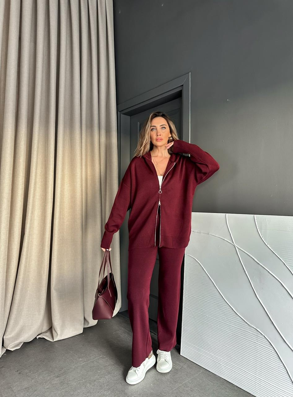 Bordo Fermuarlı Kapşonlu Triko Takım