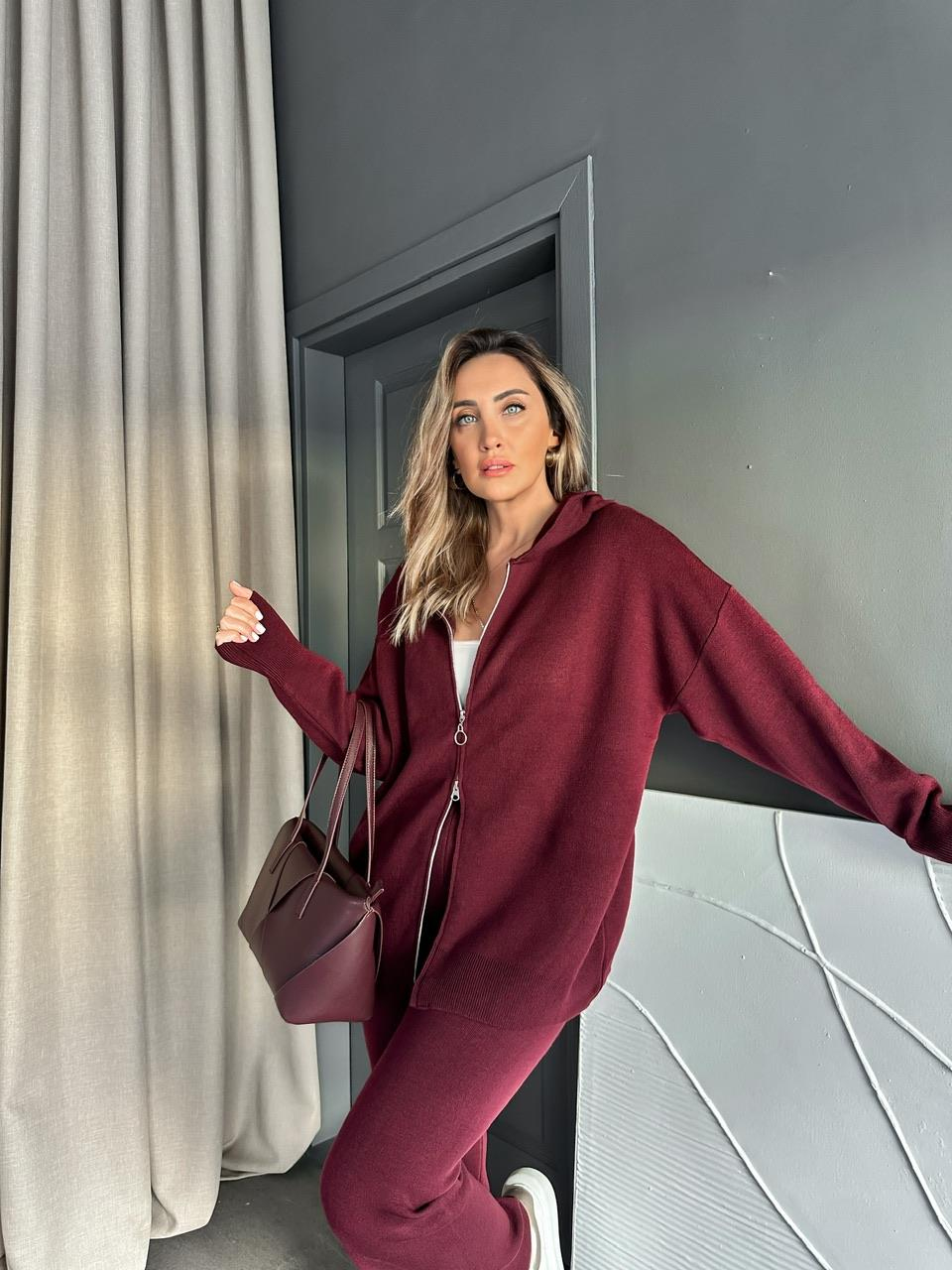 Bordo Fermuarlı Kapşonlu Triko Takım