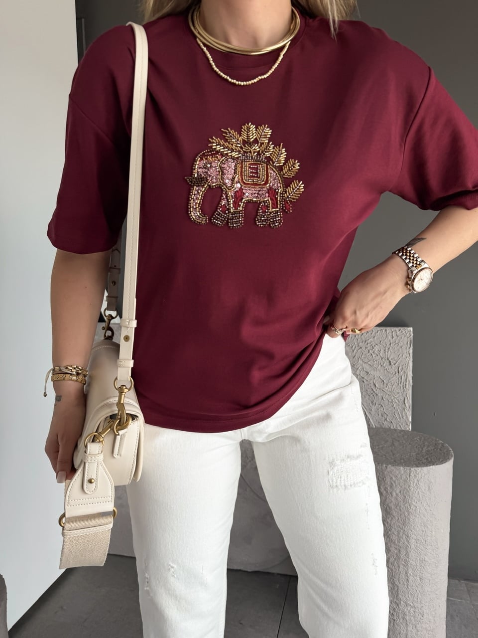 Bordo Fil Nakışlı Cotton Tshirt