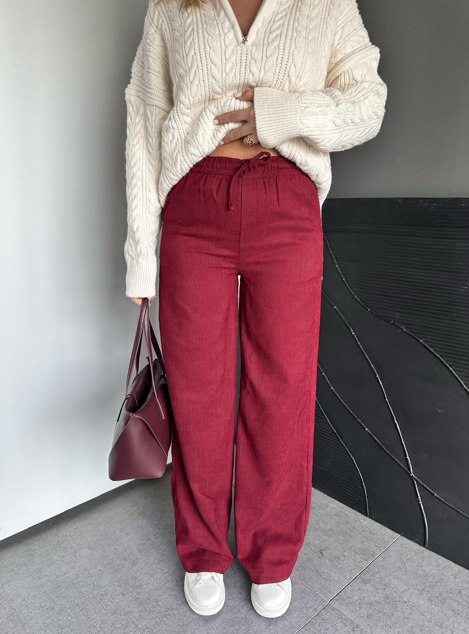 Bordo Fitilli Kadife Basic Pantolon