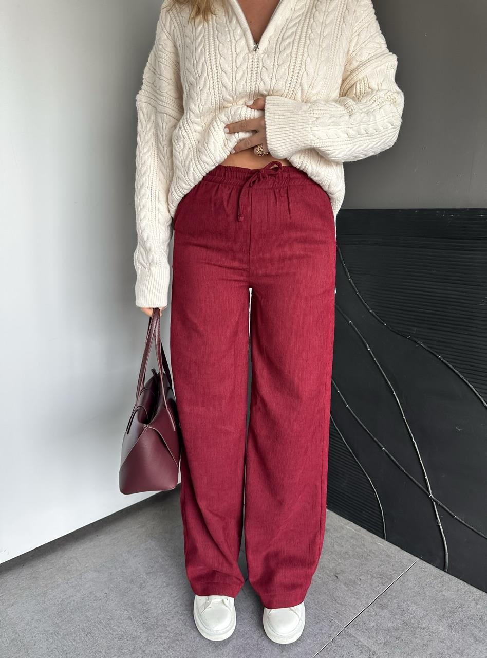 Bordo Fitilli Kadife Basic Pantolon
