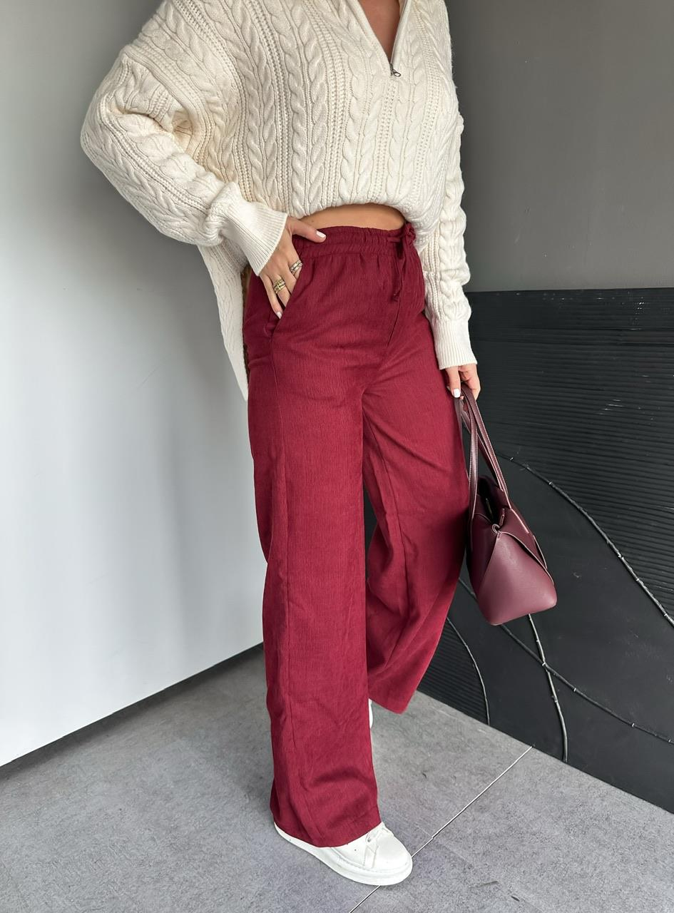 Bordo Fitilli Kadife Basic Pantolon