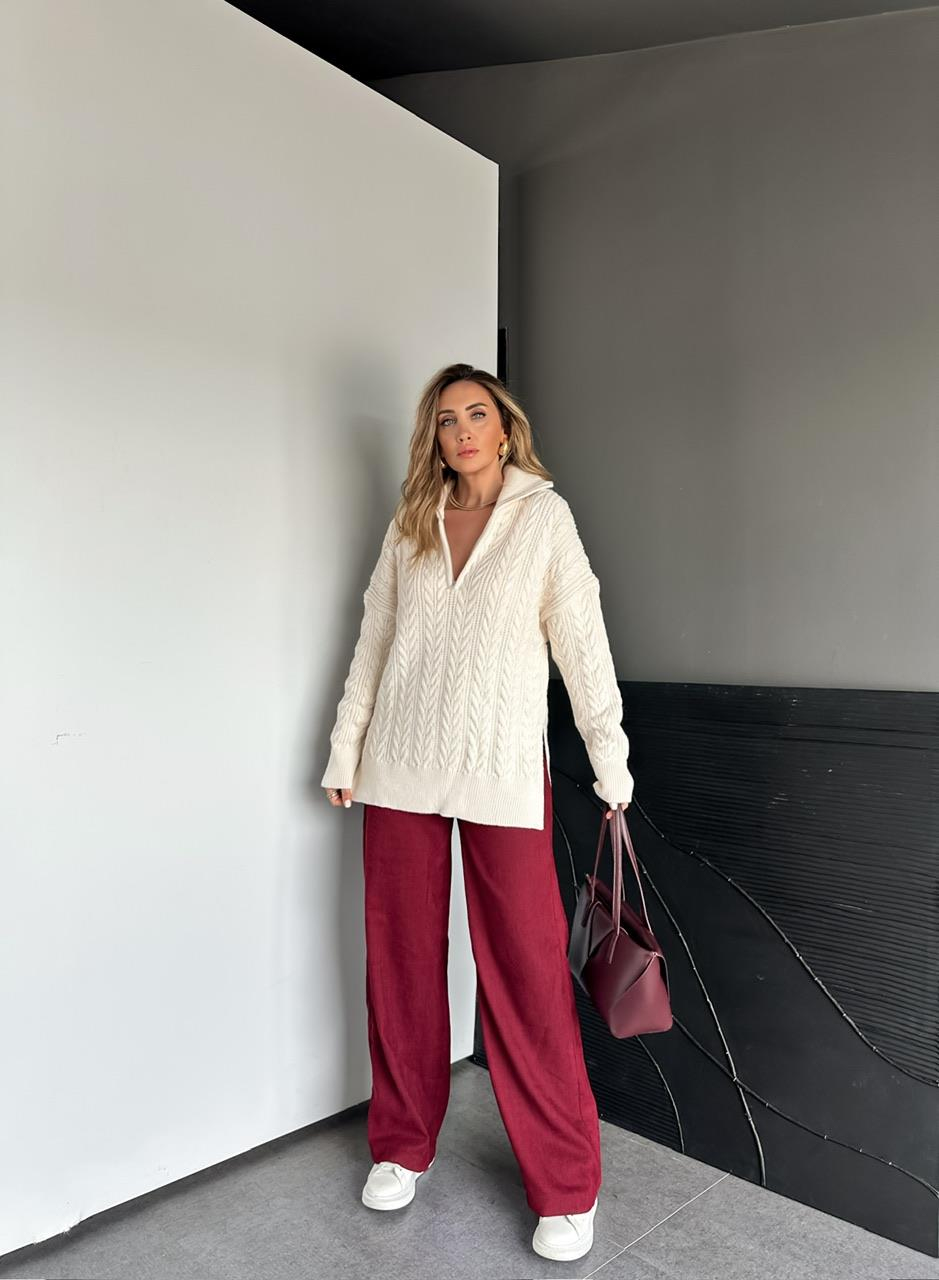 Bordo Fitilli Kadife Basic Pantolon