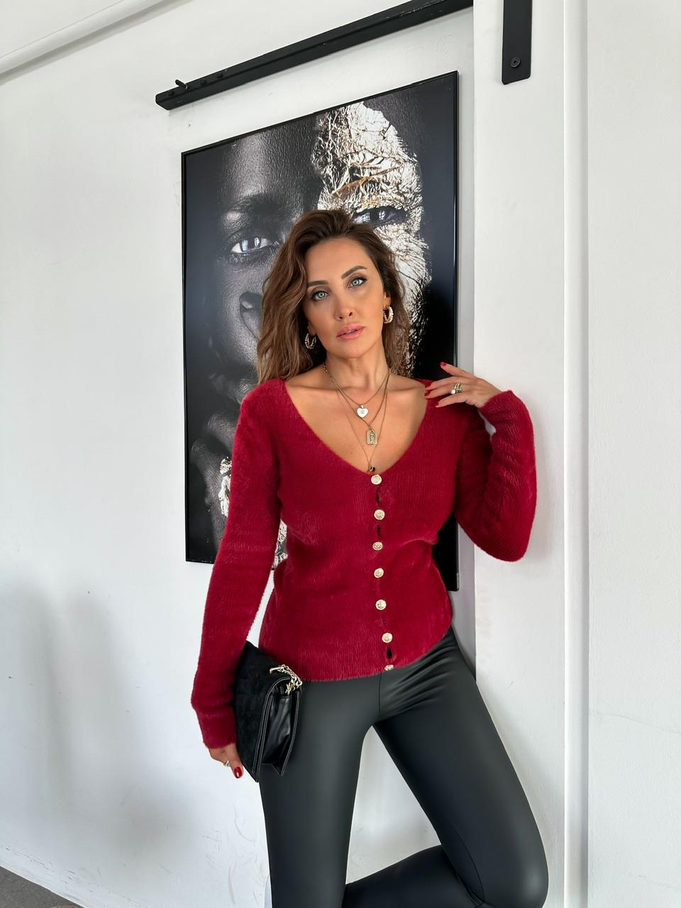 Bordo Gold Düğmeli Yumoş Hırka