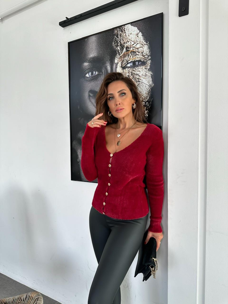 Bordo Gold Düğmeli Yumoş Hırka
